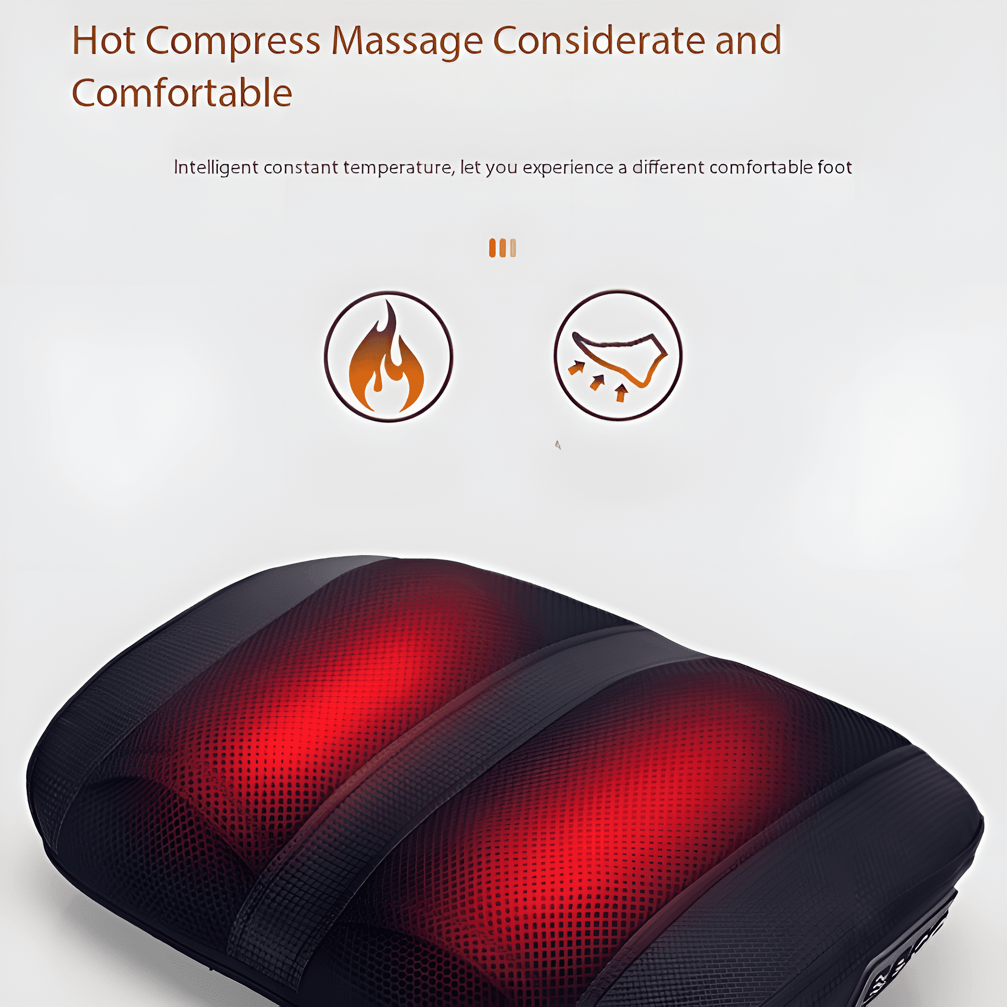 Schwarzes Massagekissen mit rotem Licht. Zwei orangefarbene Icons, das Wort 'Massage' oben.