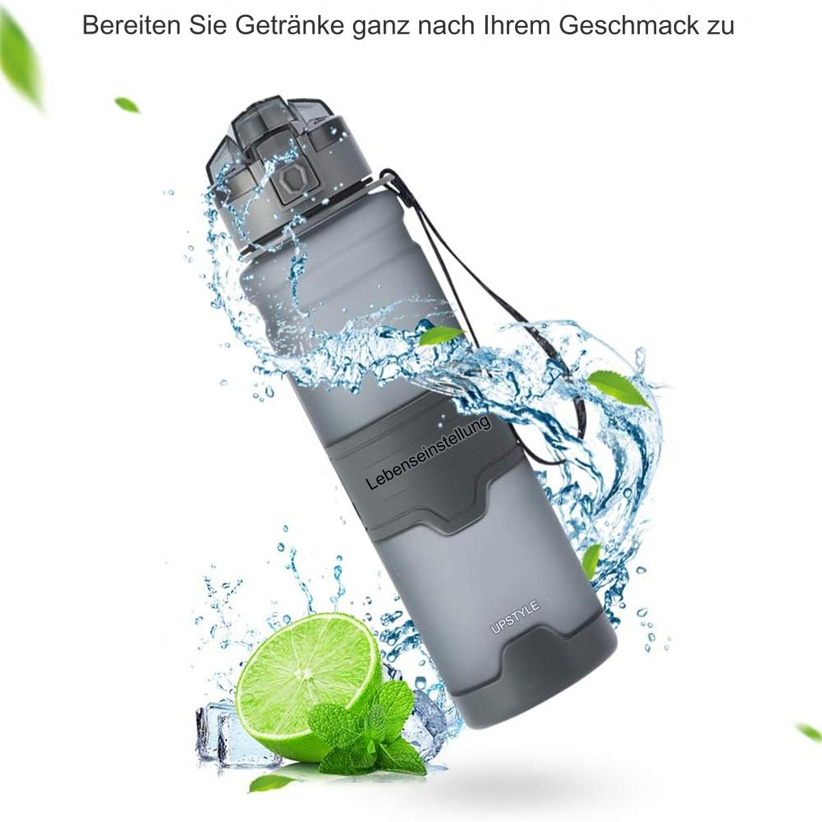 Graue Wasserflasche mit Wasserspritzern, Limette und Minze. Auf der Flasche steht 'Lebenseinstellung'.