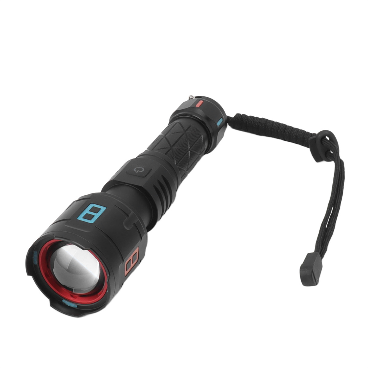 Eine schwarze Taschenlampe mit strukturierter Oberfläche, Knöpfen, roten und blauen Akzenten und einer Handschlaufe.
