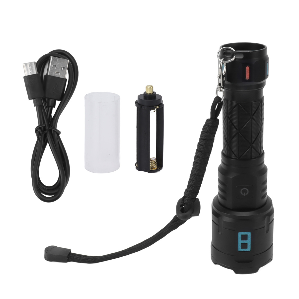 Eine schwarze Taschenlampe mit USB-Kabel, Batteriehalter und Batterie daneben.