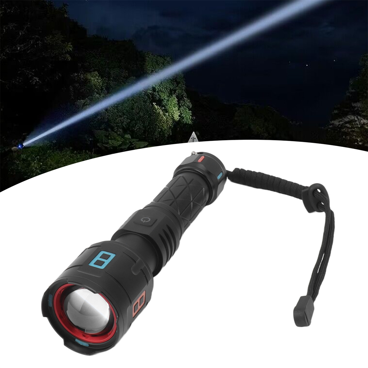 Schwarze Taschenlampe mit hellem Lichtstrahl. Das Licht zeigt nach oben.