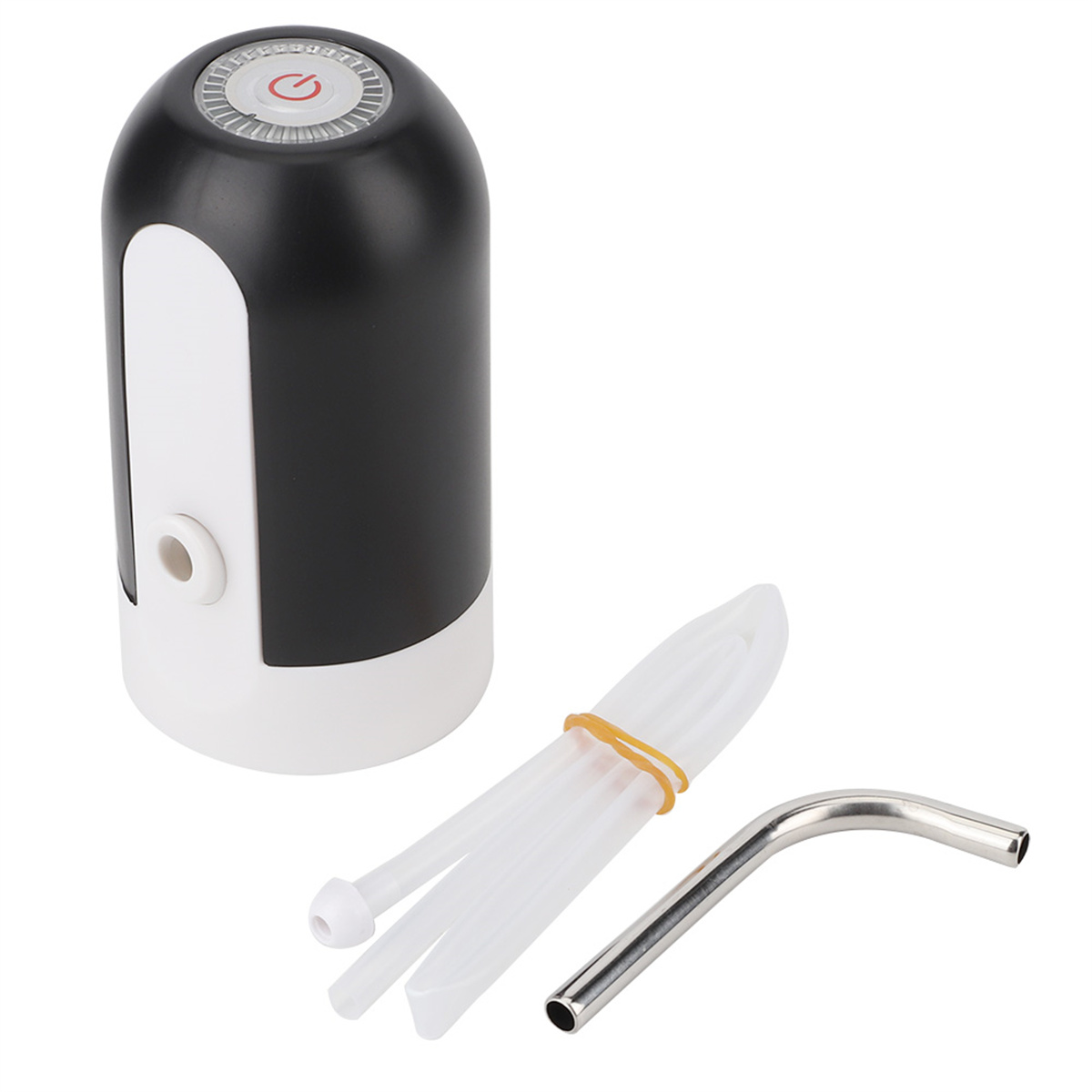 Schwarz-weißer Wasserpumpenspender mit Schläuchen und einem Metallauslauf, auf weißem Hintergrund.