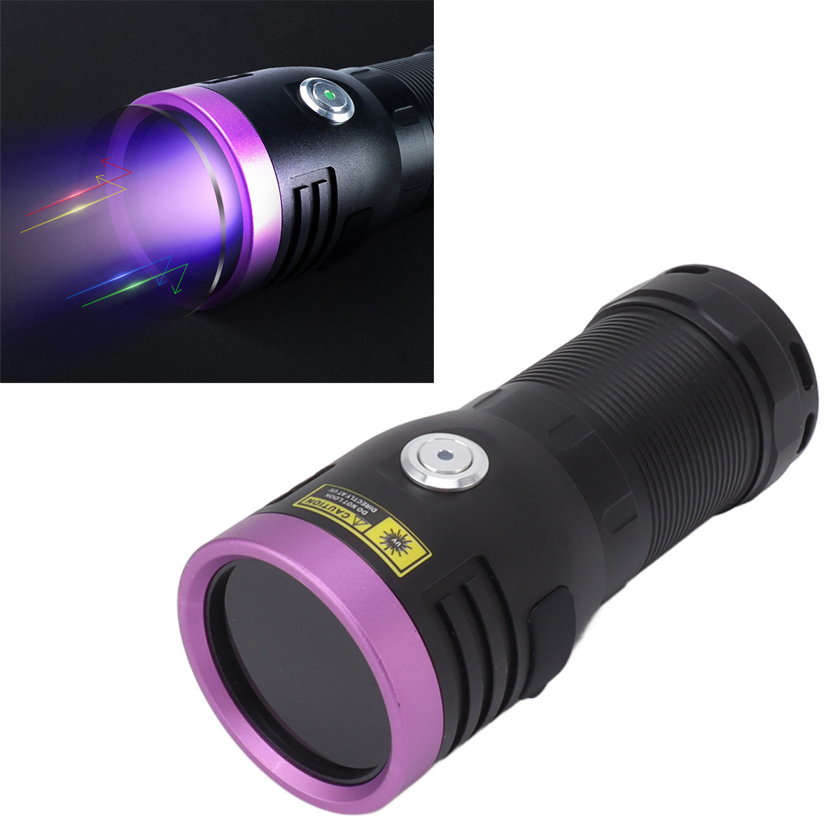 Eine schwarze Taschenlampe mit lila Ring. Nahaufnahme zeigt das lila Licht und Laserstrahl.