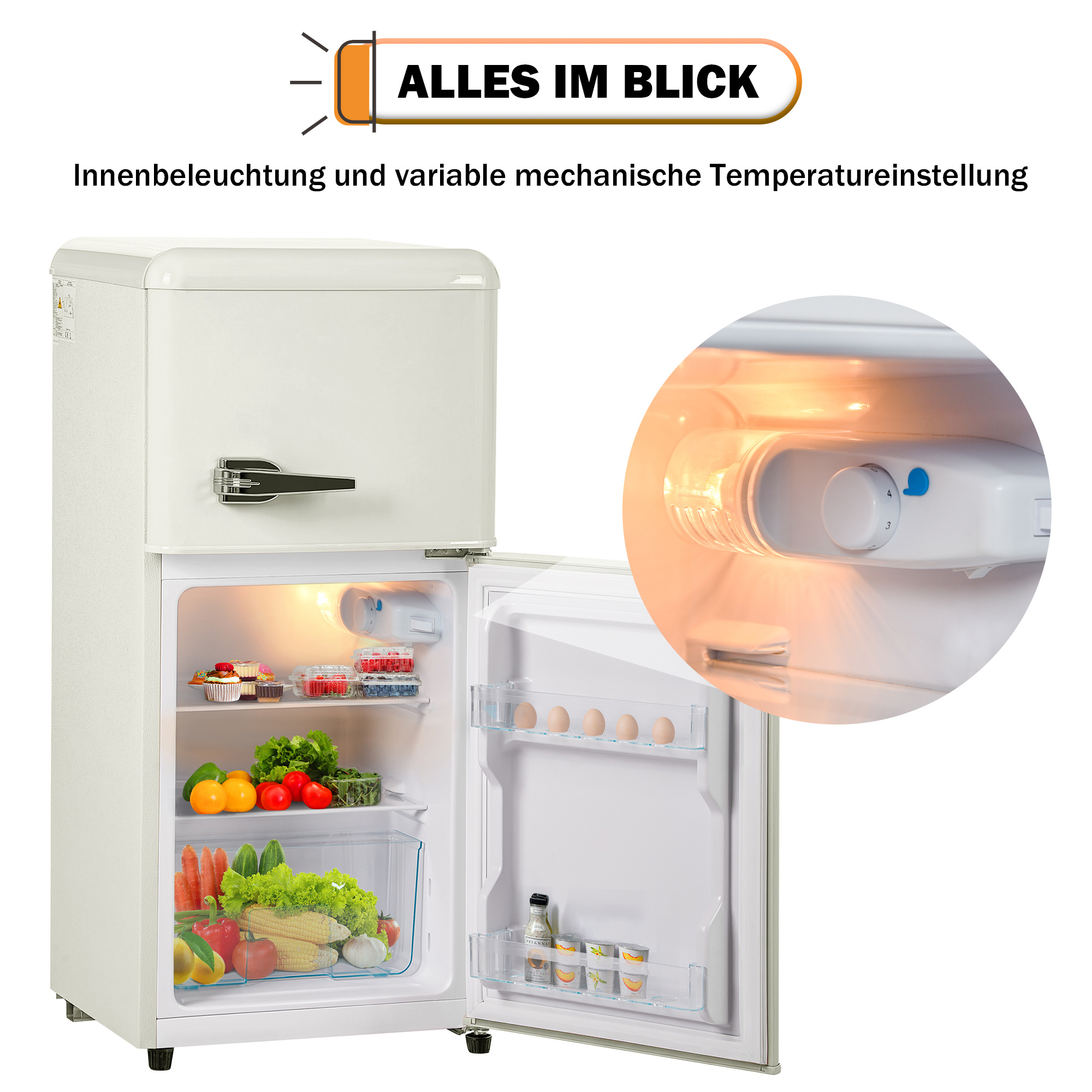 Weißer Retro-Kühlschrank mit offener Tür, die Lebensmittel zeigt. Nahaufnahme des Temperaturreglers.