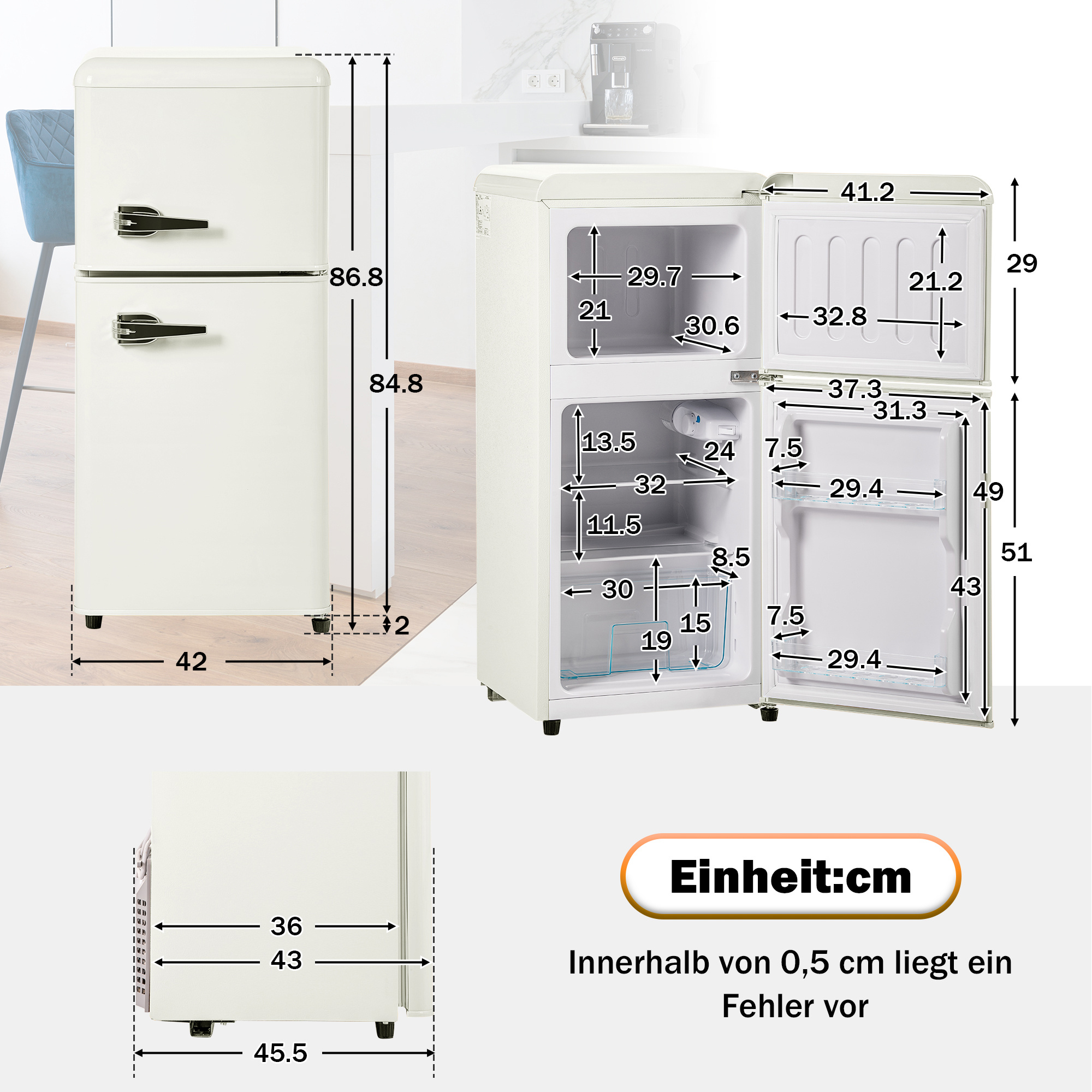 Weißer Retro-Kühlschrank mit Maßen. Oben Gefrierfach, Tür geöffnet.