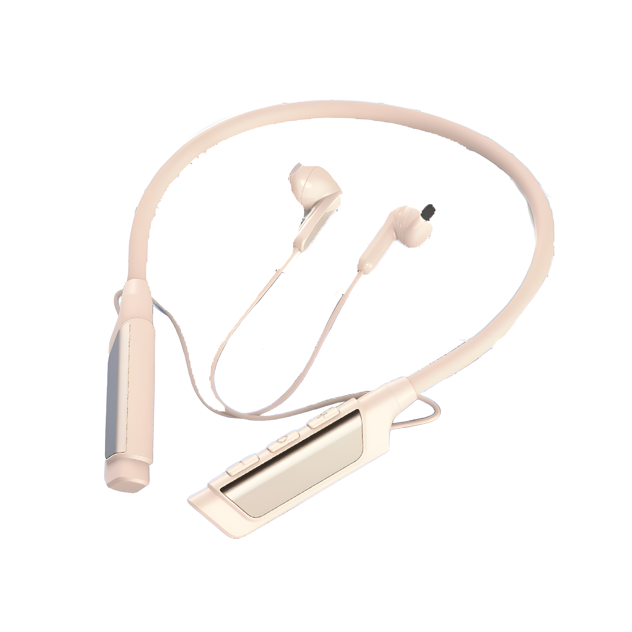 Pinkfarbene Bluetooth-Kopfhörer mit Nackenbügel und Ohrhörern auf weißem Hintergrund.
