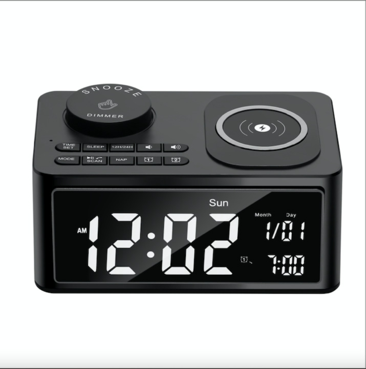 Schwarzer digitaler Wecker mit kabellosem Ladegerät und Schlummertaste. Die angezeigte Zeit ist 12:02 Uhr.