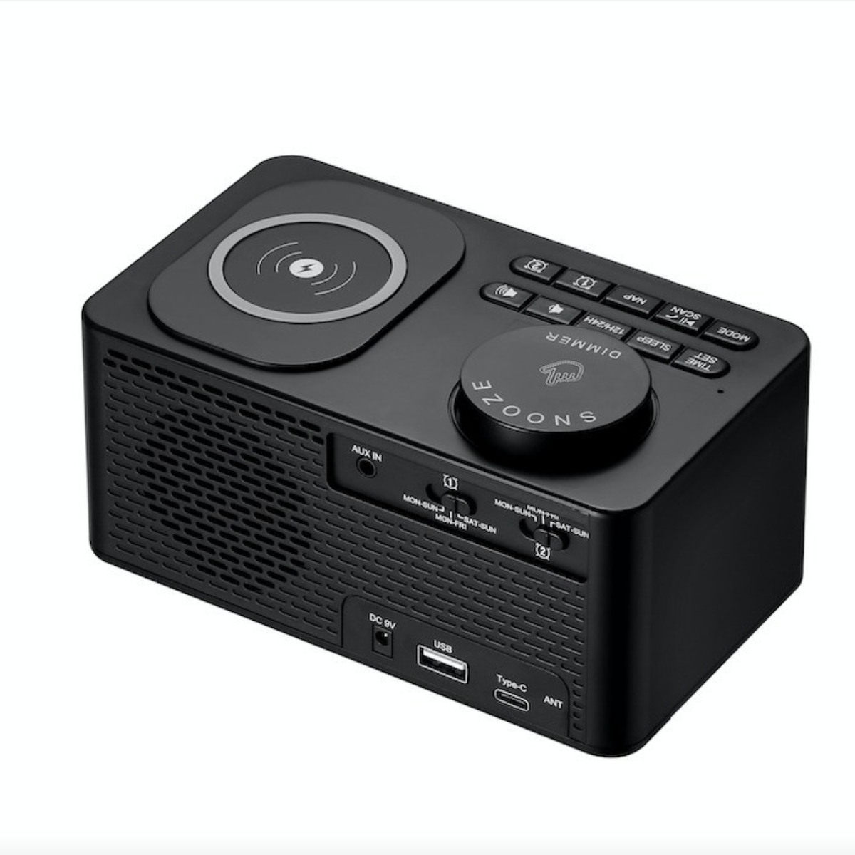 Ein schwarzer digitaler Wecker mit kabelloser Ladefläche oben.