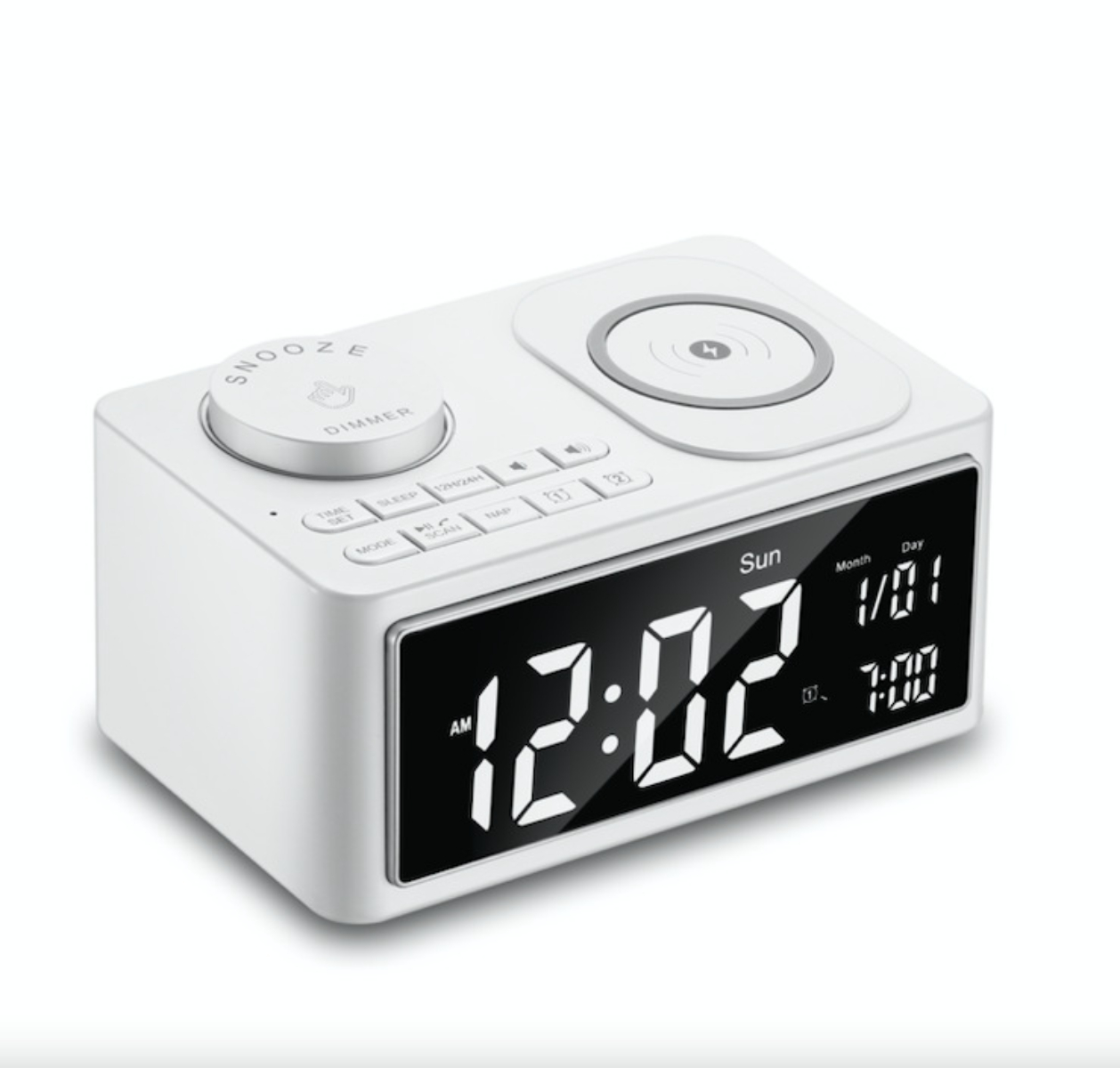 Weiße Digitaluhr mit schwarzem Display, das Zeit und Datum anzeigt. Funktionen umfassen Schlummerfunktion.