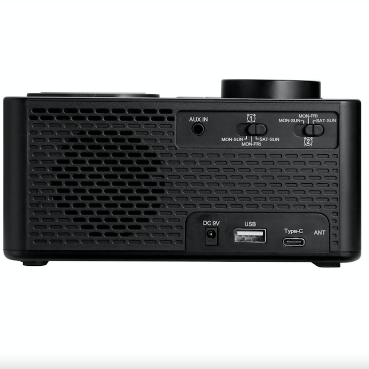 Schwarzes Radio im Retro-Stil mit verschiedenen Knöpfen und Digitalanzeige.