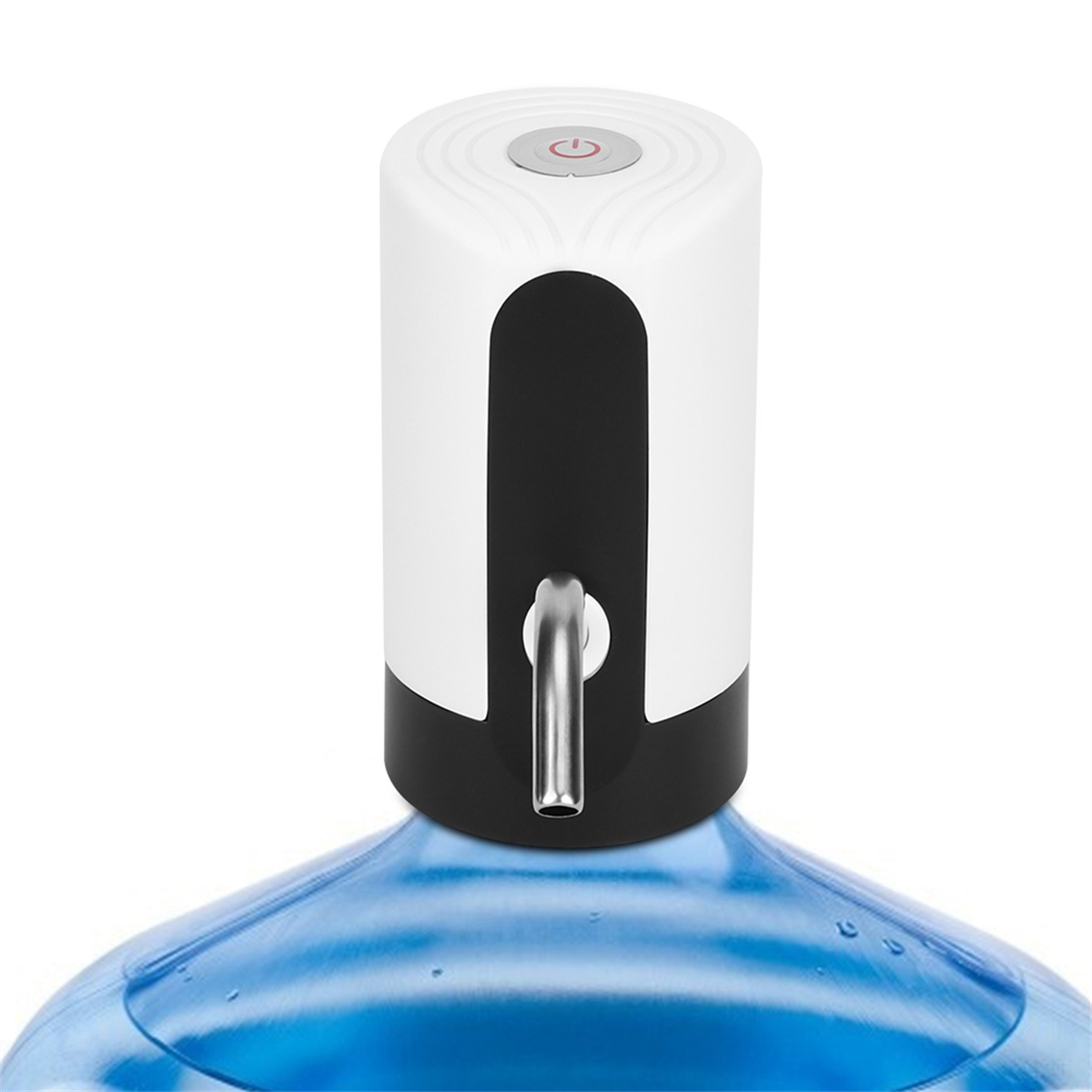 Eine Wasserflasche mit einer weißen und schwarzen Pumpe oben, die Wasser abgibt.