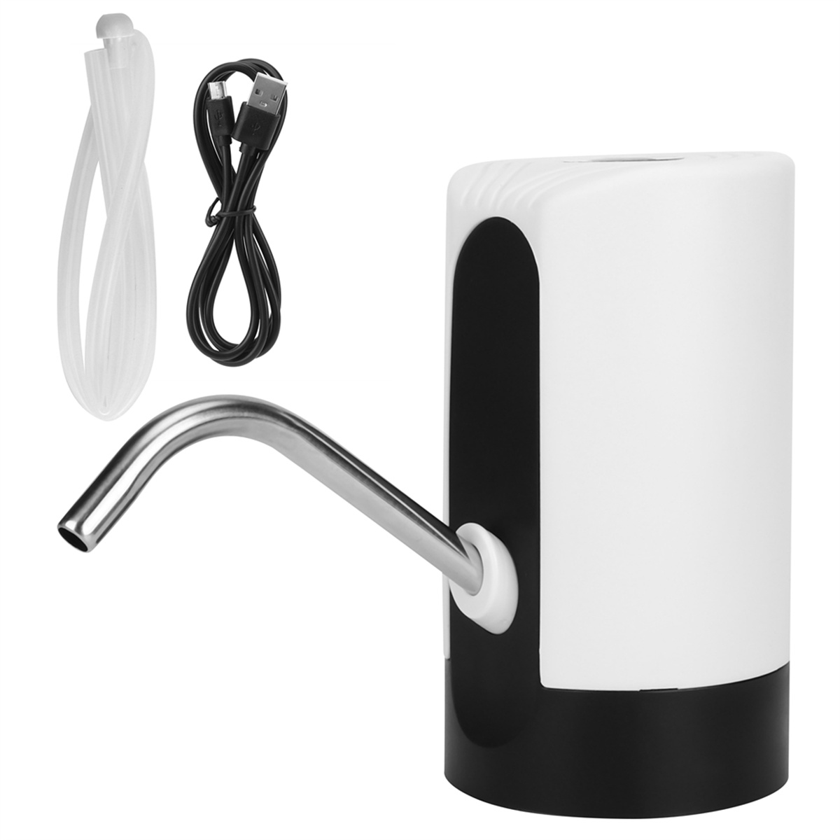 Ein weiß-schwarzer Wasserspender mit flexiblem Schlauch und Ladekabel, auf weißem Untergrund.