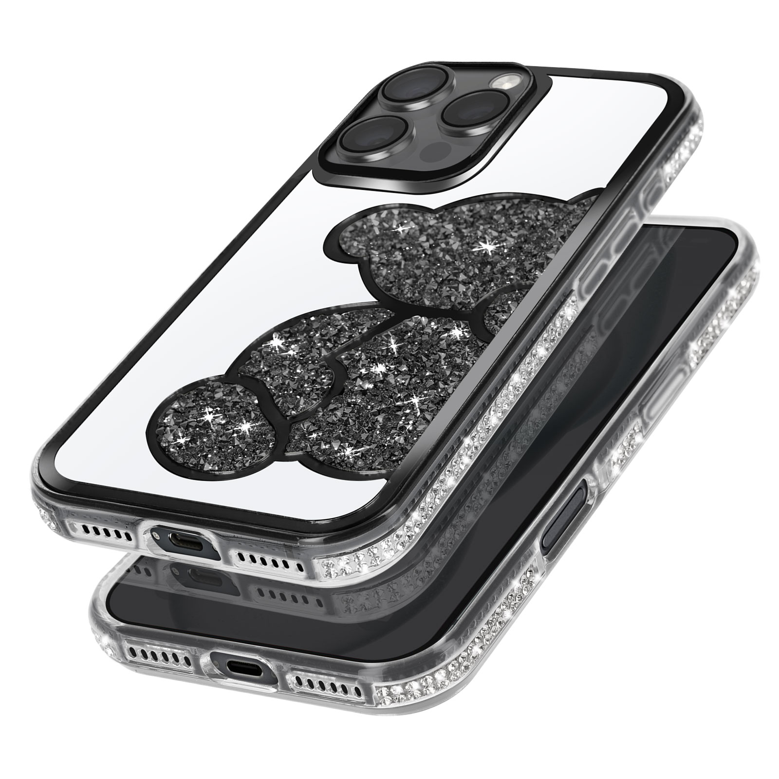 Due custodie per telefono impilate, con un design a orsetto scintillante sul retro.