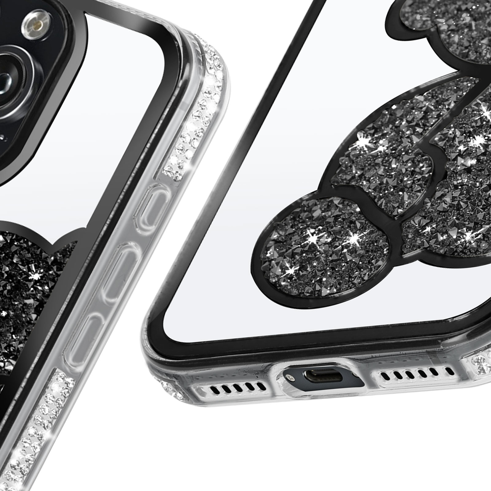 Primo piano di una custodia per telefono con strass. Gli strass circondano la fotocamera.