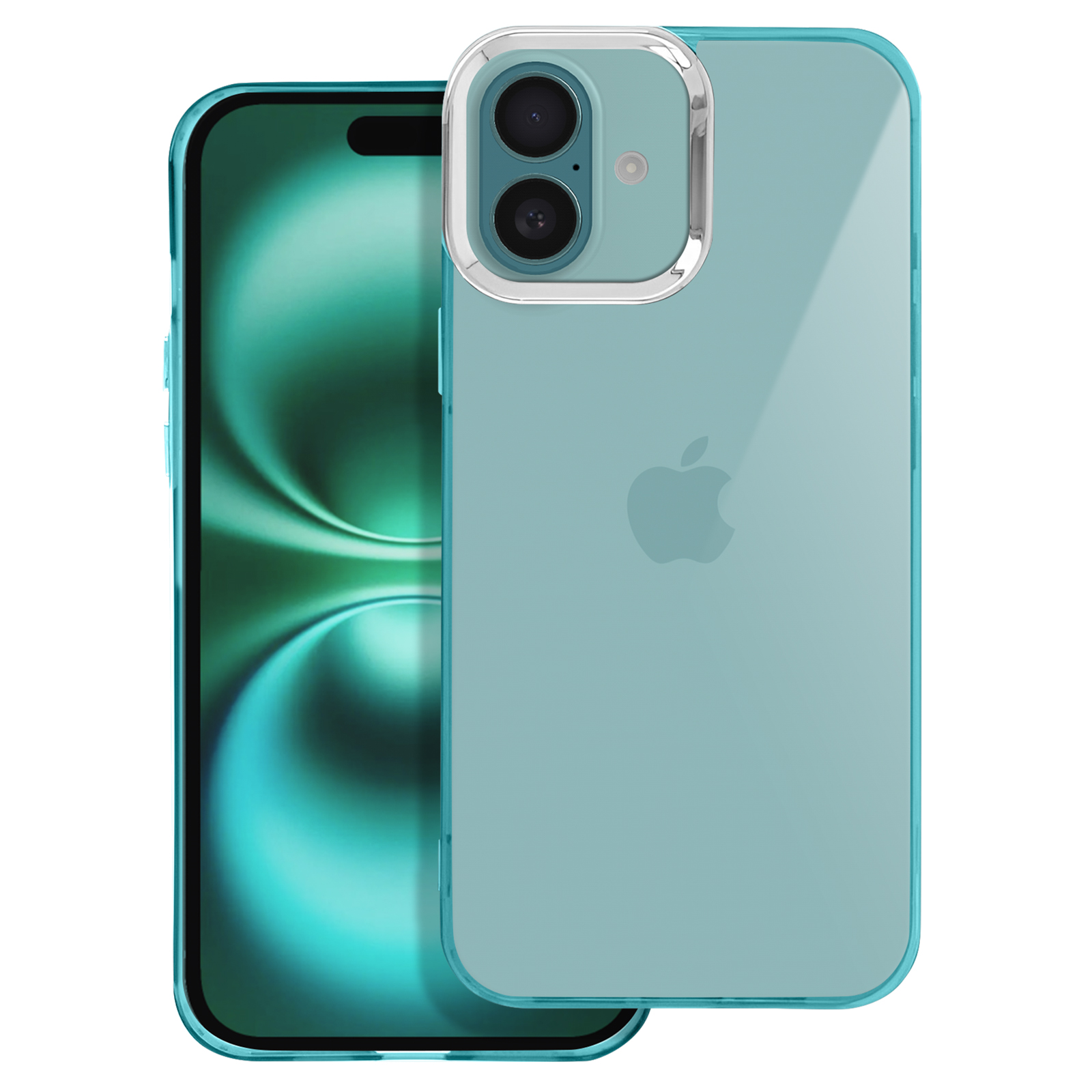 Un telefono in una custodia turchese trasparente. Il telefono ha uno schermo che mostra uno sfondo verde acqua.