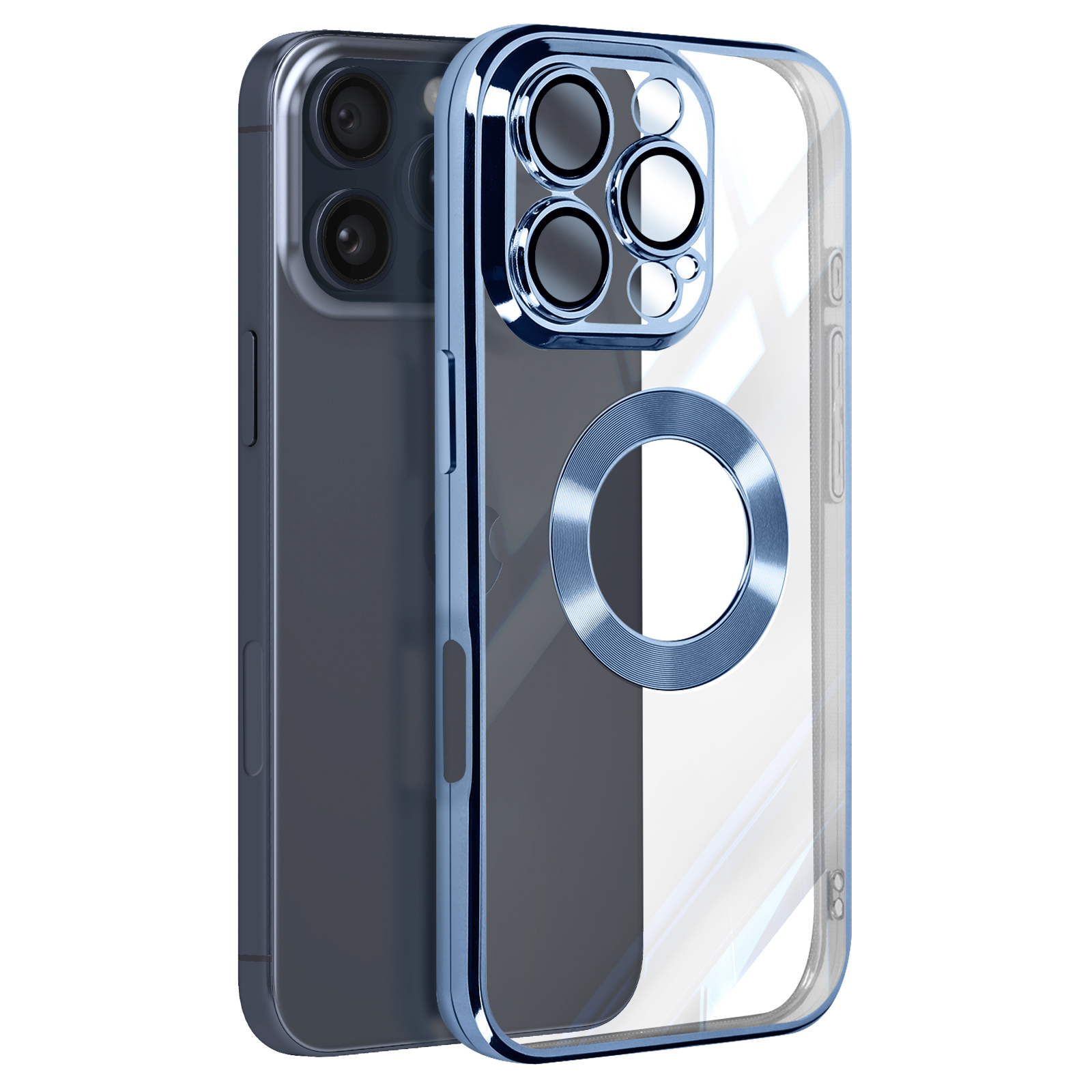 Custodia per telefono. Cornice blu, retro trasparente, telefono dentro.
