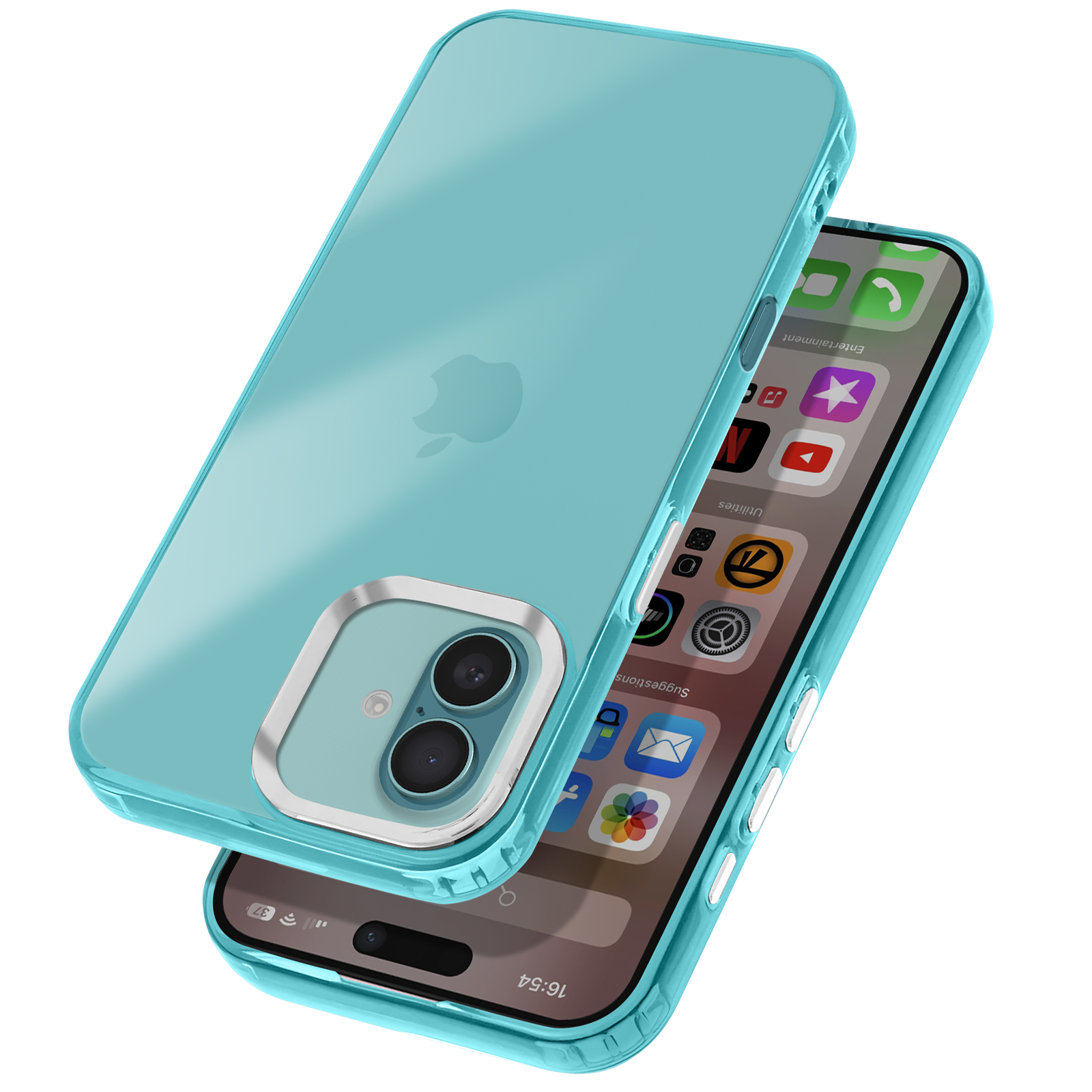 Un iPhone con custodia verde acqua. Il telefono è su sfondo bianco.
