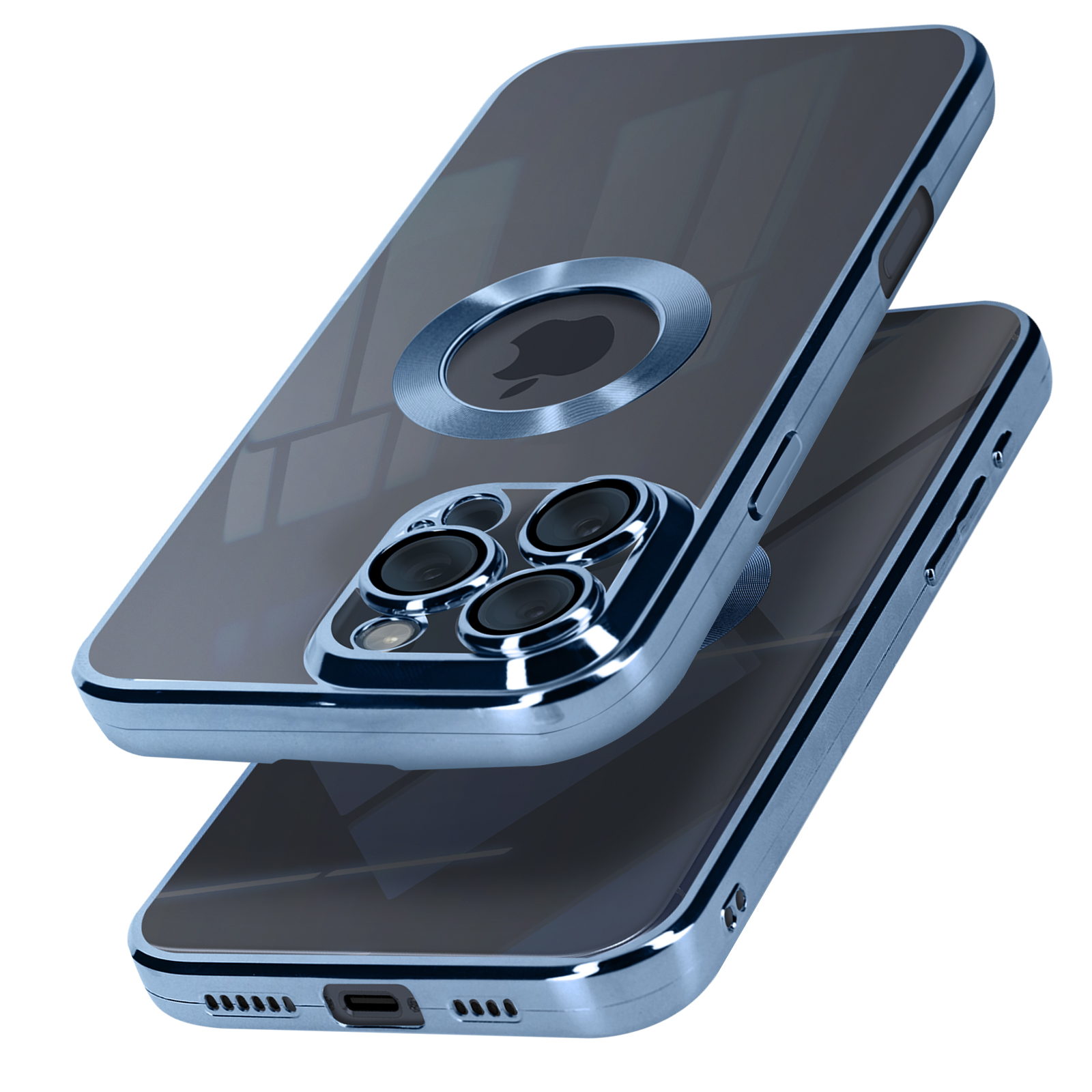Custodia trasparente per telefono sopra un telefono, che mostra i dettagli della fotocamera, su sfondo bianco.