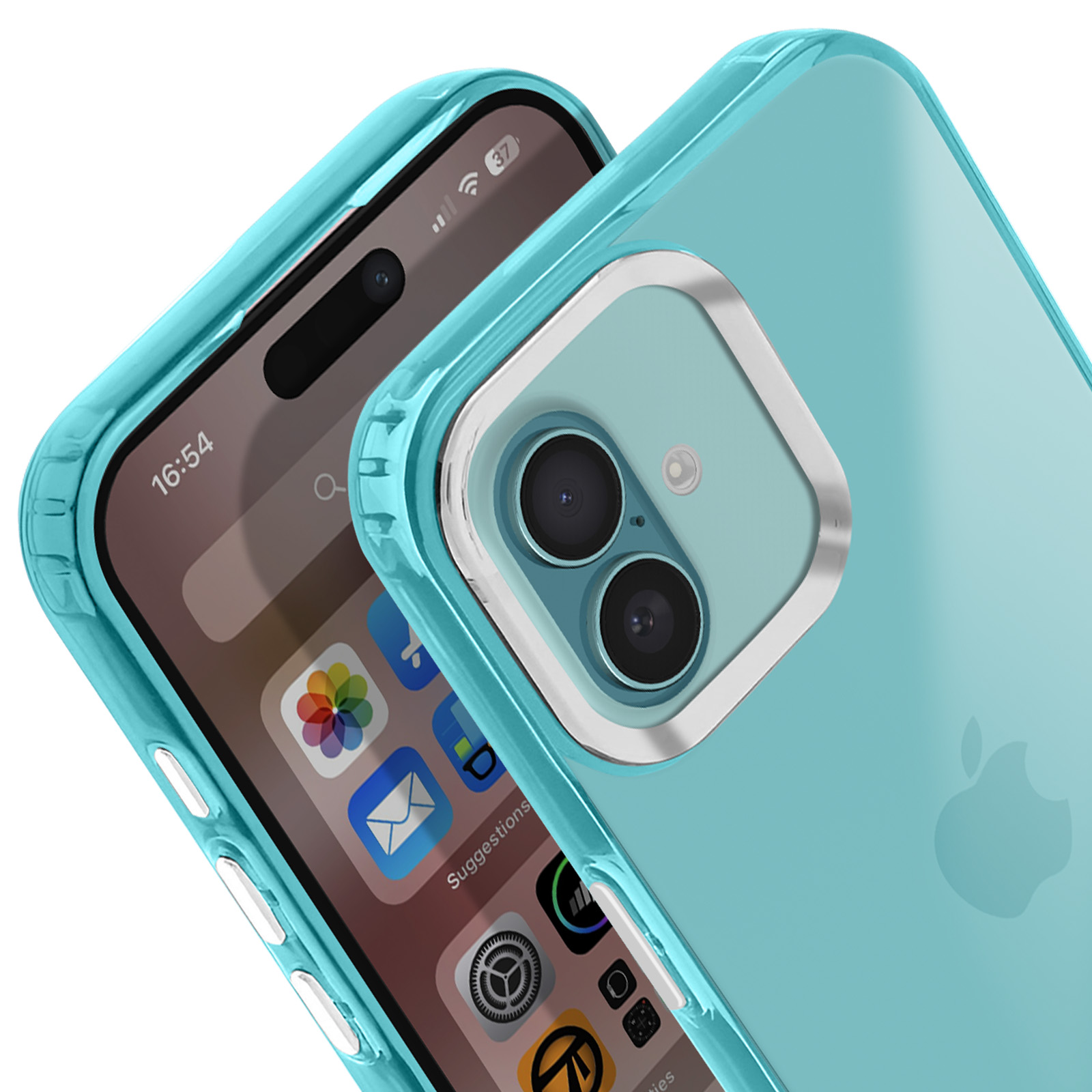 Un telefono in una custodia turchese è mostrato a destra, e un altro telefono a sinistra.