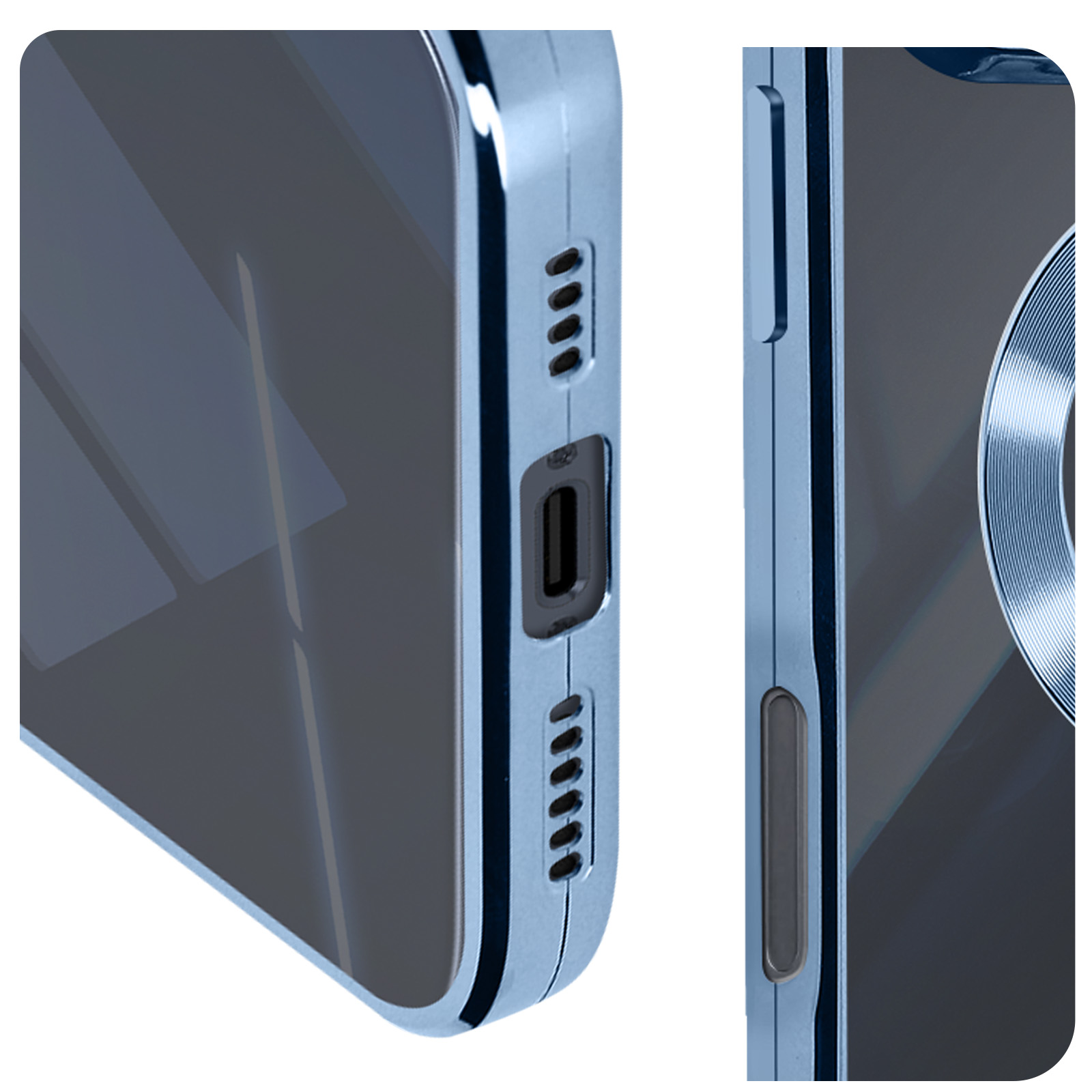 Primo piano del lato di un telefono. Mostra una porta di ricarica e fori per altoparlanti, oltre a un pulsante laterale.
