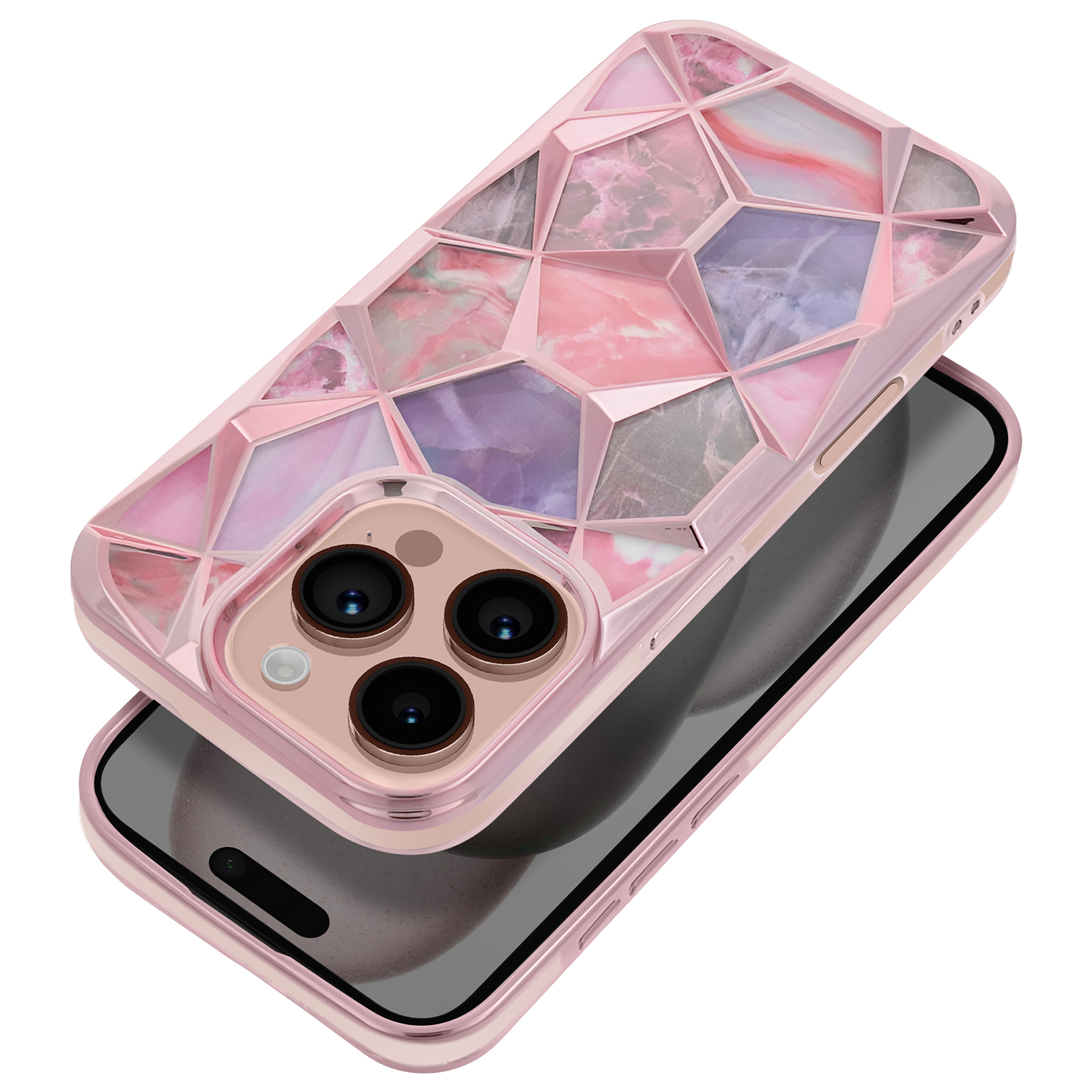 Custodia per telefono rosa e viola. È su un telefono con schermo nero.