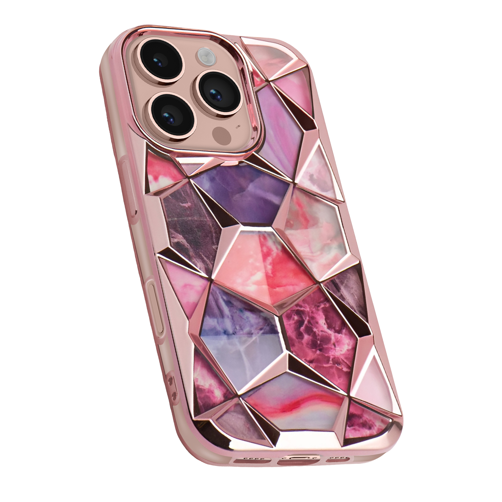 Una custodia per iPhone con un motivo geometrico in rosa, viola e bianco. La cornice è color oro rosa.