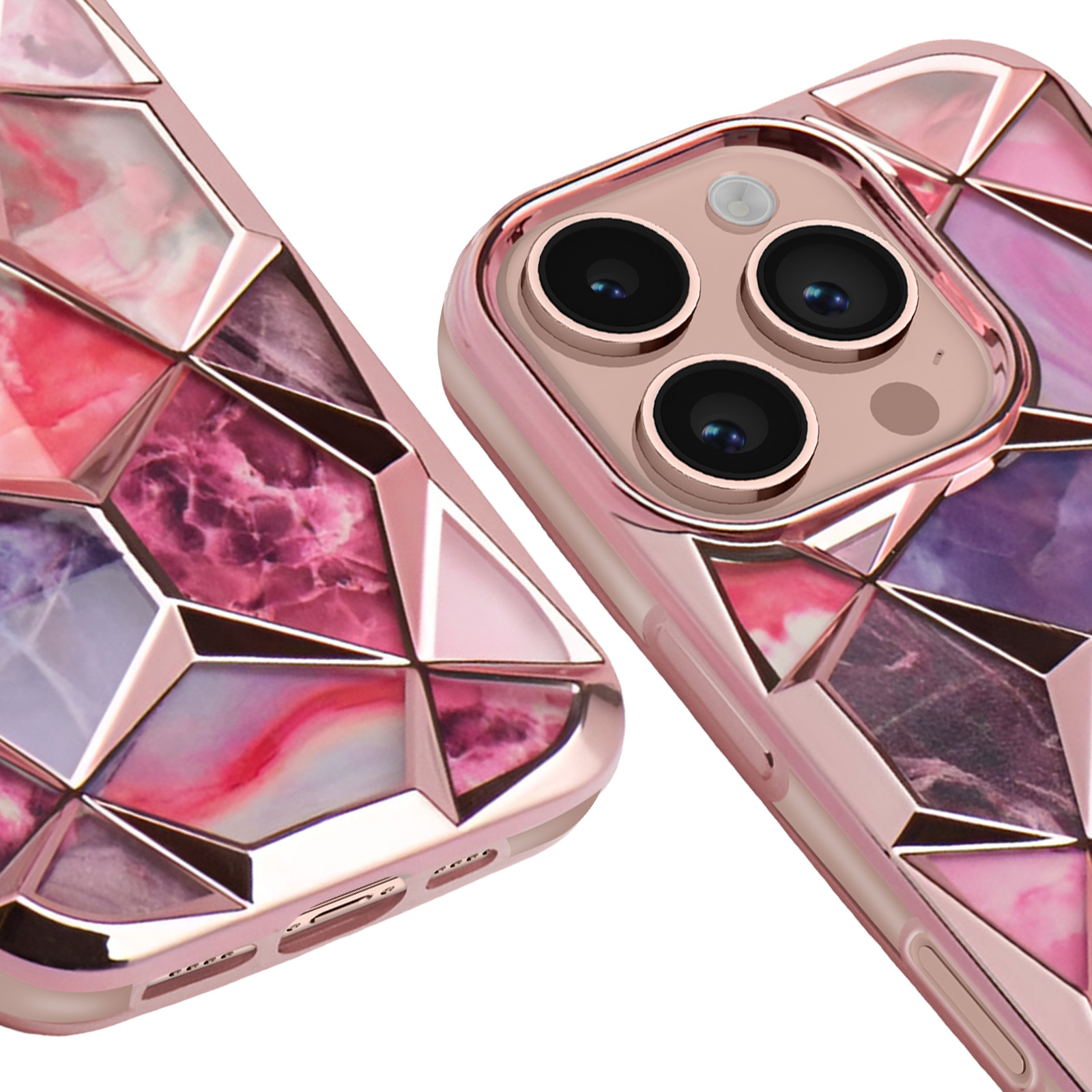 Primo piano di due custodie per telefono rosa con un design marmorizzato e un'apertura per la fotocamera.