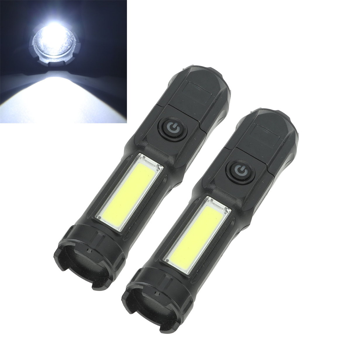 Zwei schwarze Taschenlampen mit LED-Leuchten, eine leuchtet. Weißer Hintergrund.