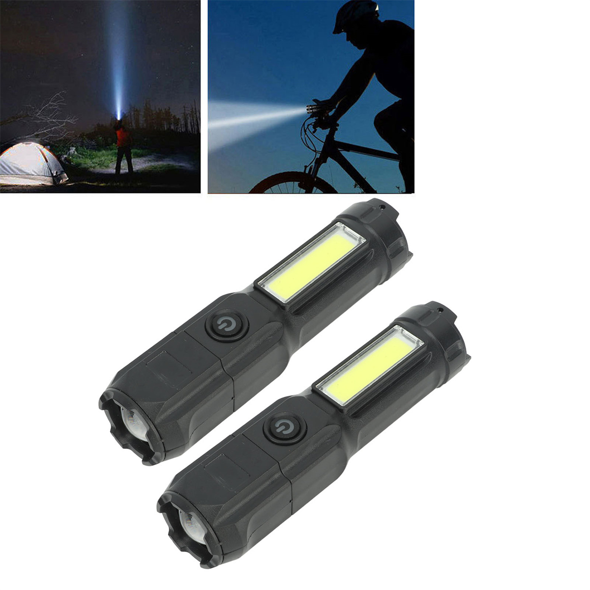Zwei schwarze Taschenlampen mit weißem Licht. Silhouetten einer Person mit Taschenlampe und Radfahrer.