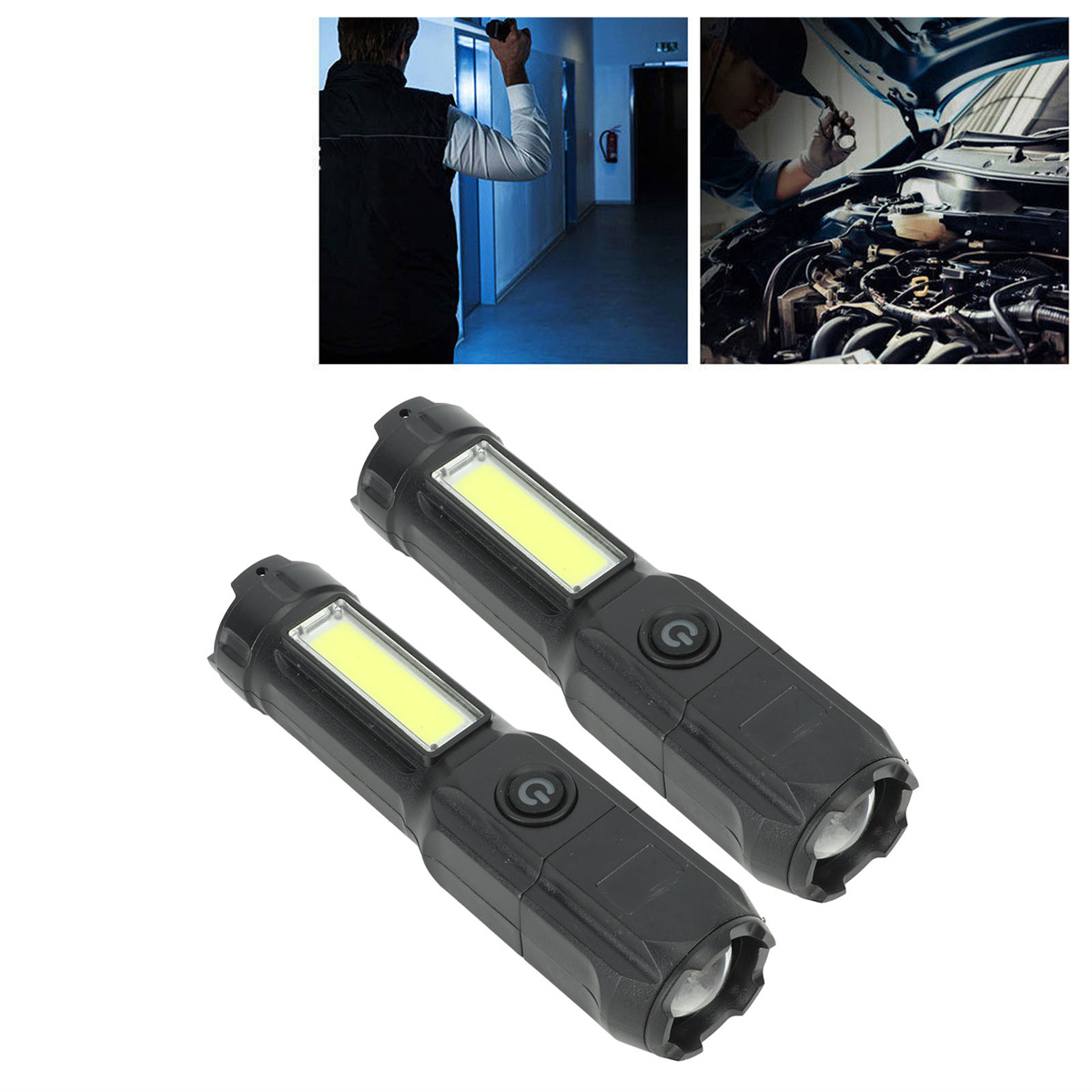Zwei schwarze Taschenlampen. Eine an und eine aus. Der Hintergrund zeigt Personen mit Taschenlampen.