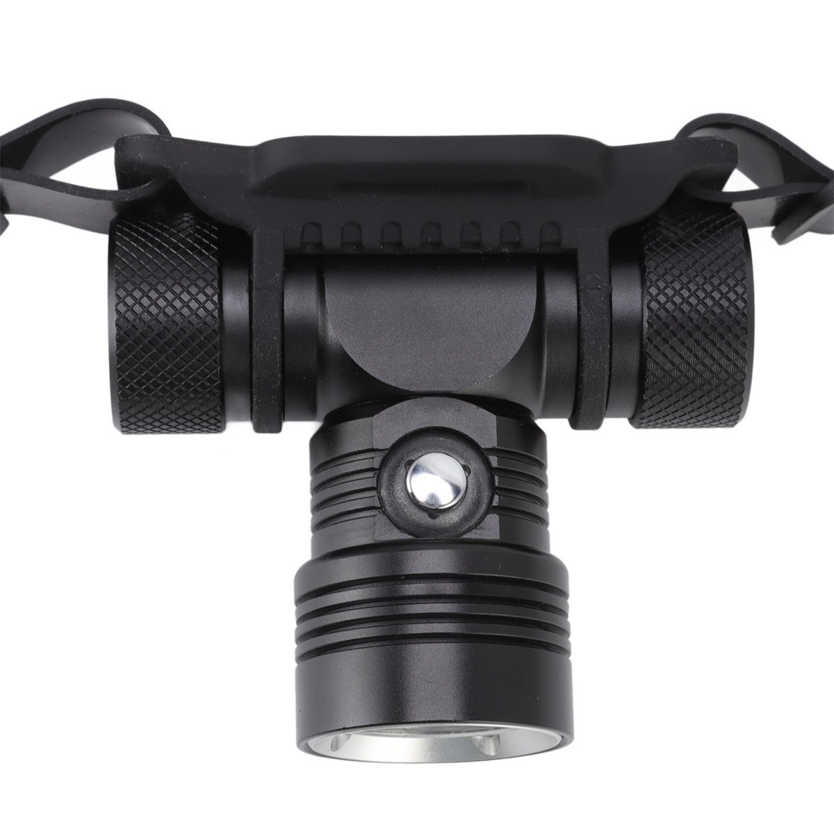 Eine schwarze Stirnlampe mit verstellbaren Riemen. Die Stirnlampe ist zylindrisch mit einem zentralen Knopf.