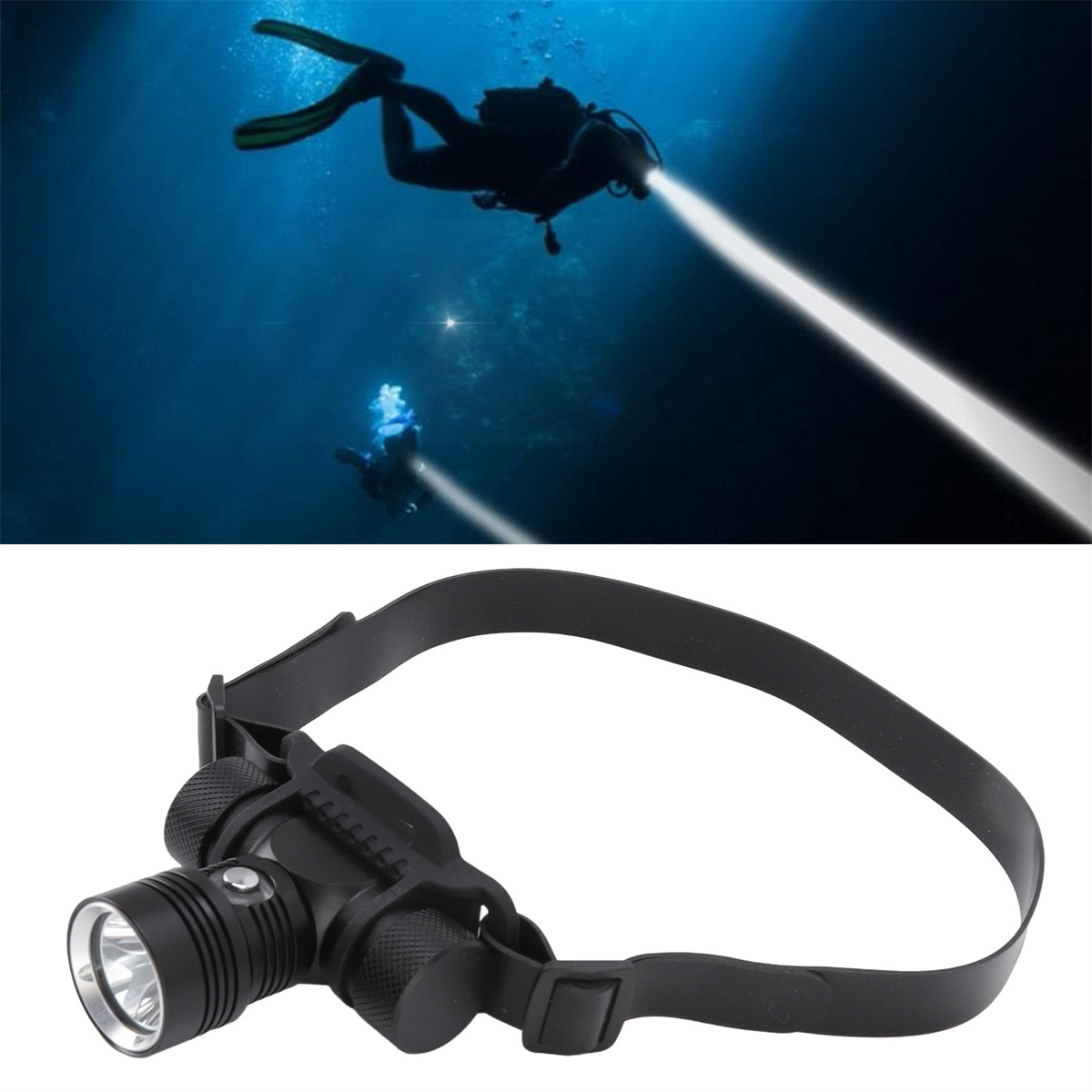 Zwei Taucher unter Wasser mit hellen Lichtstrahlen von ihren Stirnlampen.