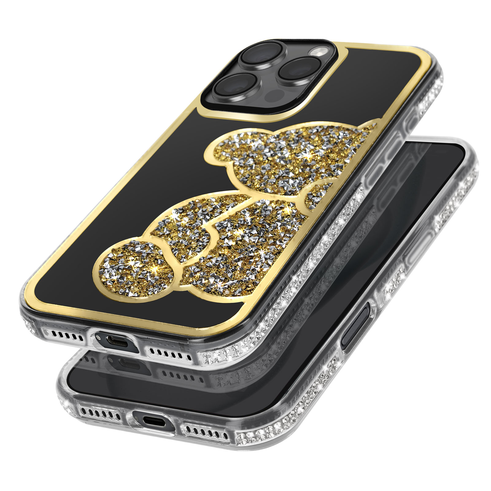 Handyhülle mit goldgerahmter schwarzer Oberfläche mit einem Gold- und Silber-Bär-Design. Das Telefon ist sichtbar.
