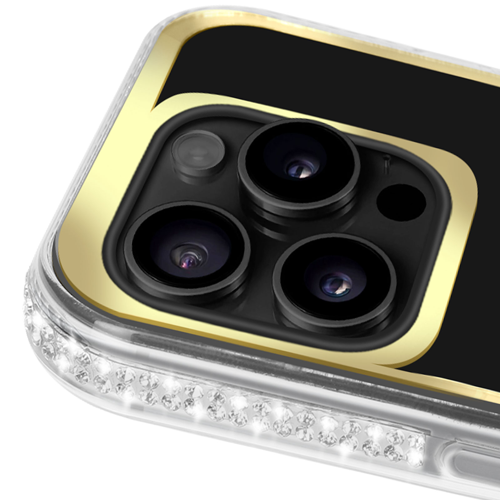 Nahaufnahme einer Handyhülle mit goldenen Akzenten und glitzernden Kristallen um die Kamera.