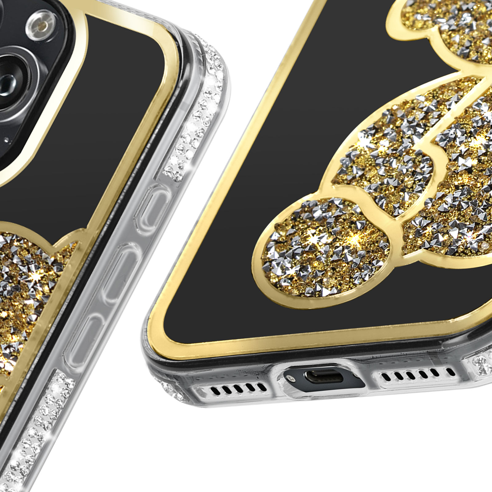Nahaufnahme einer Handyhülle mit goldenem Glitzer und Kristallen. Schwarze Oberfläche.