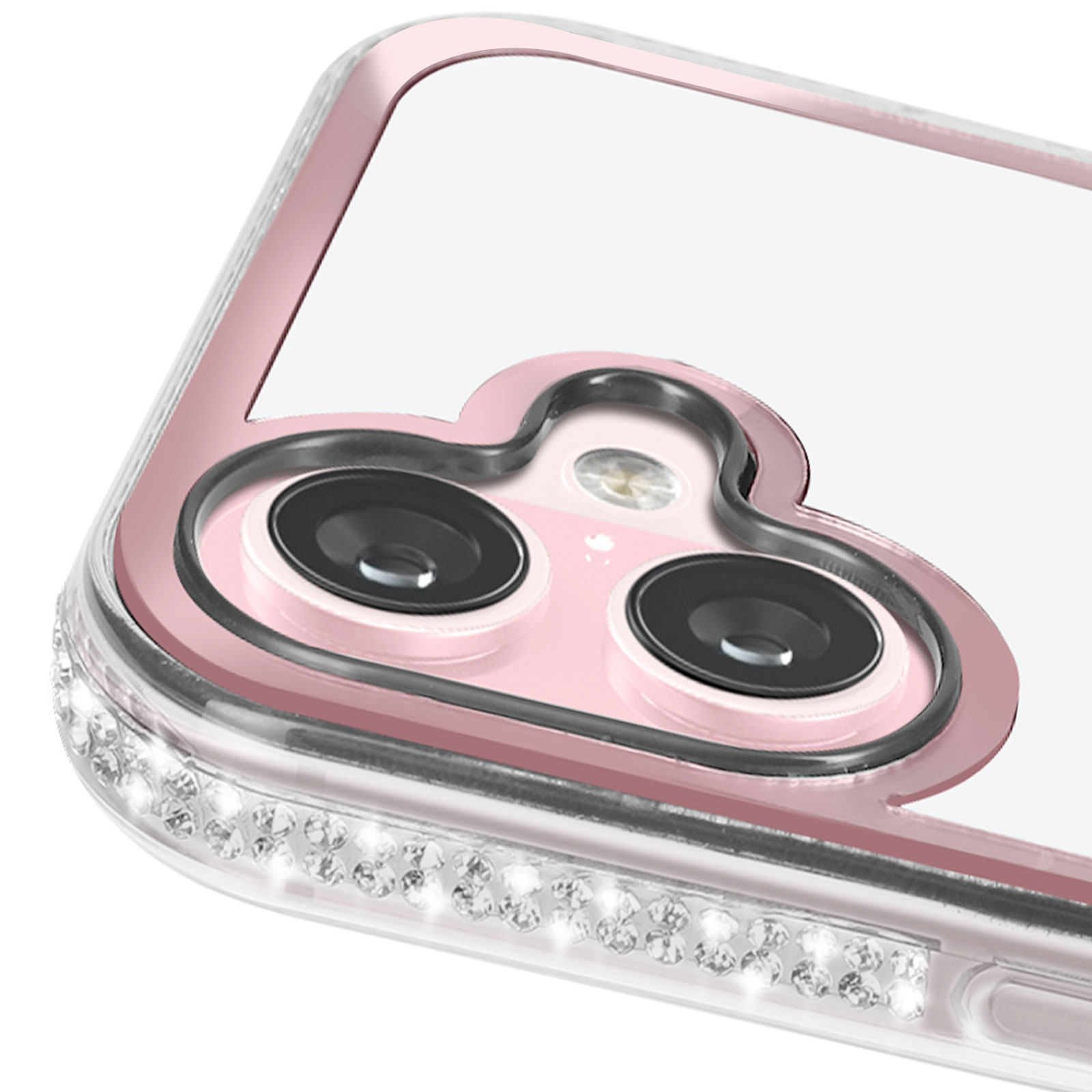 Primo piano di una custodia trasparente per telefono con bordo rosa e strass.