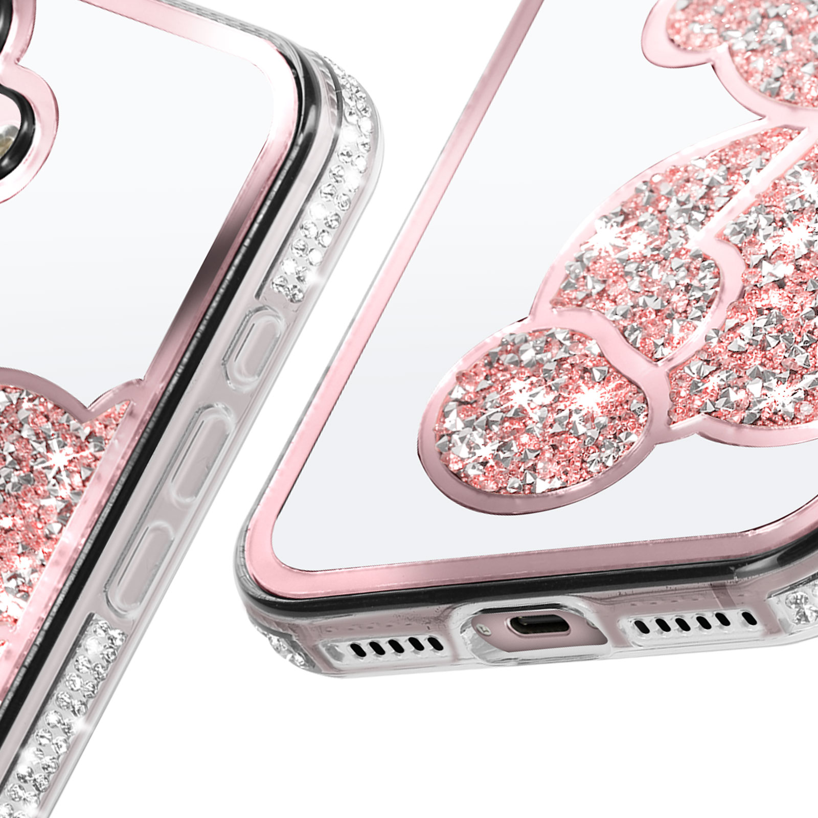 Primo piano di una custodia per telefono con cristalli rosa e trasparenti, su sfondo bianco.