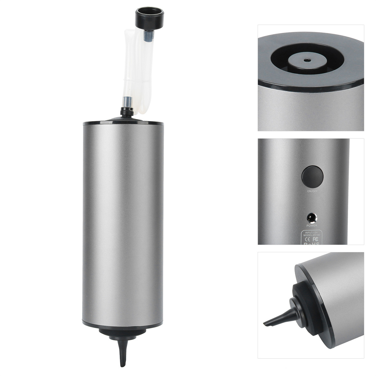 Ein silbernes und schwarzes Gerät mit Schläuchen und Aufsätzen, möglicherweise ein Diffusor oder Reiniger.