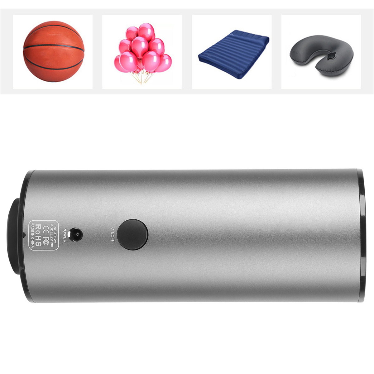 Ein silbernes zylindrisches Gerät und verschiedene Gegenstände: ein Basketball, Ballons, eine Matte und ein Nackenkissen.