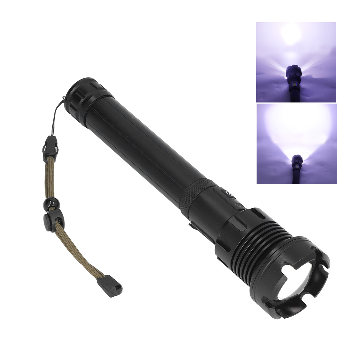 Eine schwarze Taschenlampe mit Riemen, vor weißem Hintergrund.