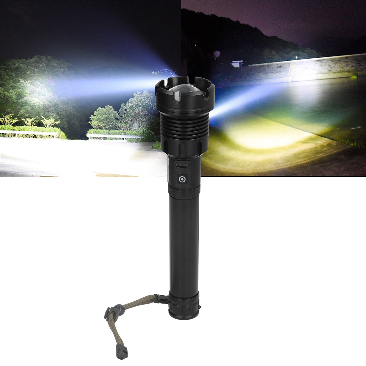 Eine leistungsstarke Taschenlampe beleuchtet eine dunkle Szene im Freien bei Nacht.
