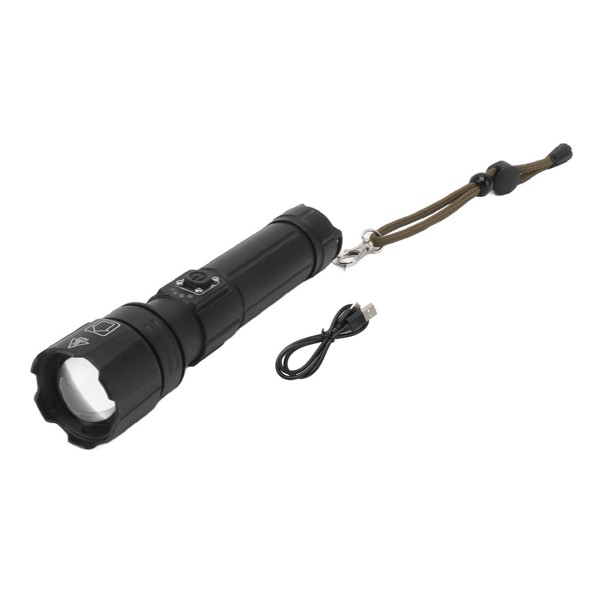 Eine schwarze Taschenlampe mit einem Riemen und einem USB-Kabel.