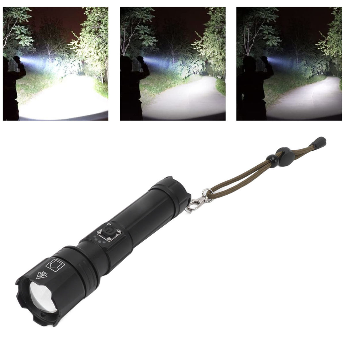 Eine schwarze Taschenlampe mit drei Helligkeitseinstellungen, die nachts auf einer Straße verwendet wird.
