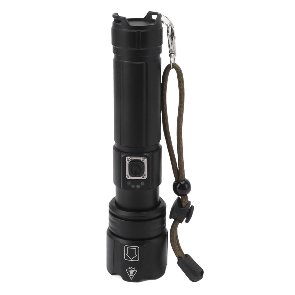 Schwarze Taschenlampe mit Riemen. Zeigt den Ein-/Ausschalter und einen Pfeil. Weißer Hintergrund.