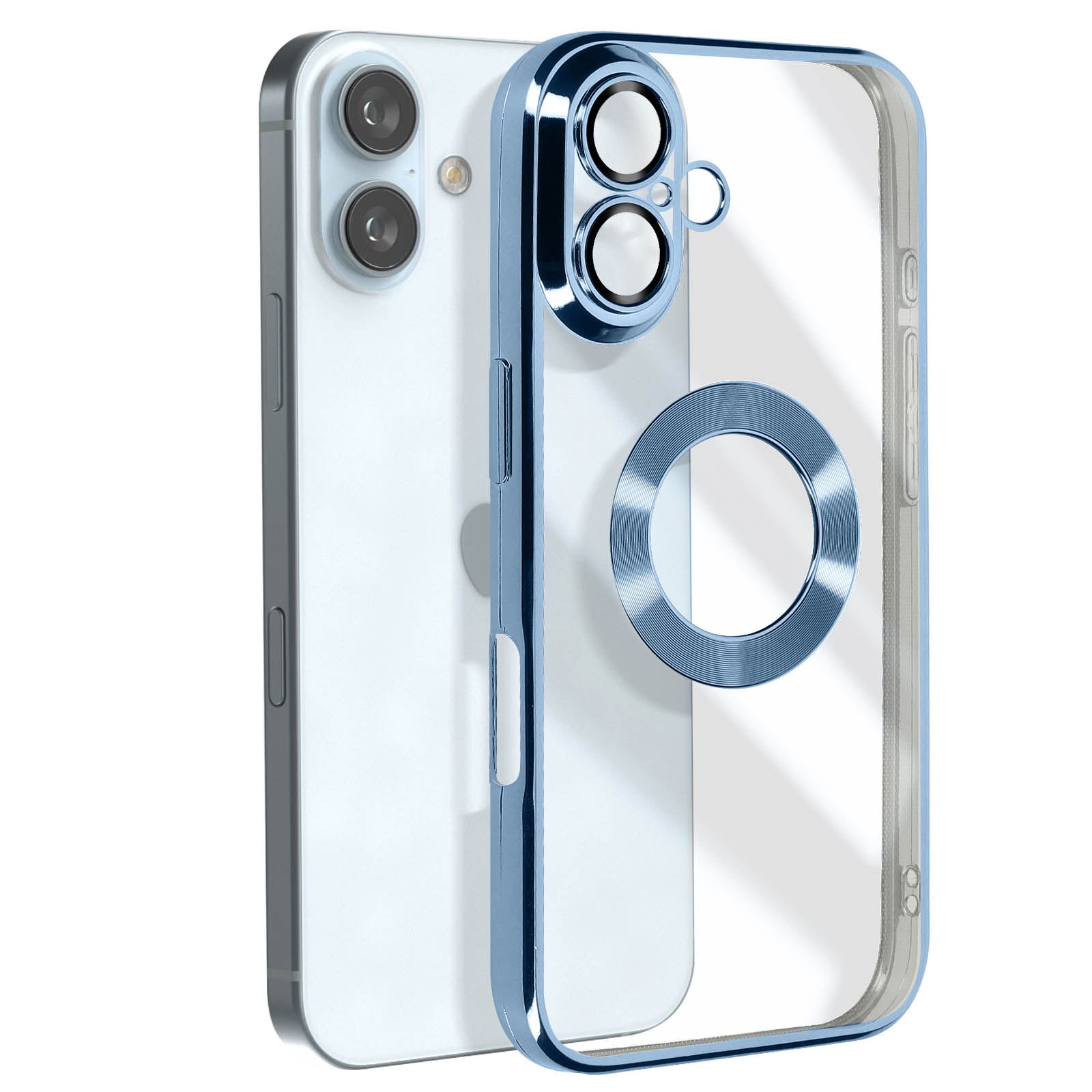 Un iPhone bianco con una custodia blu, che mostra il retro di un telefono con lenti della fotocamera.