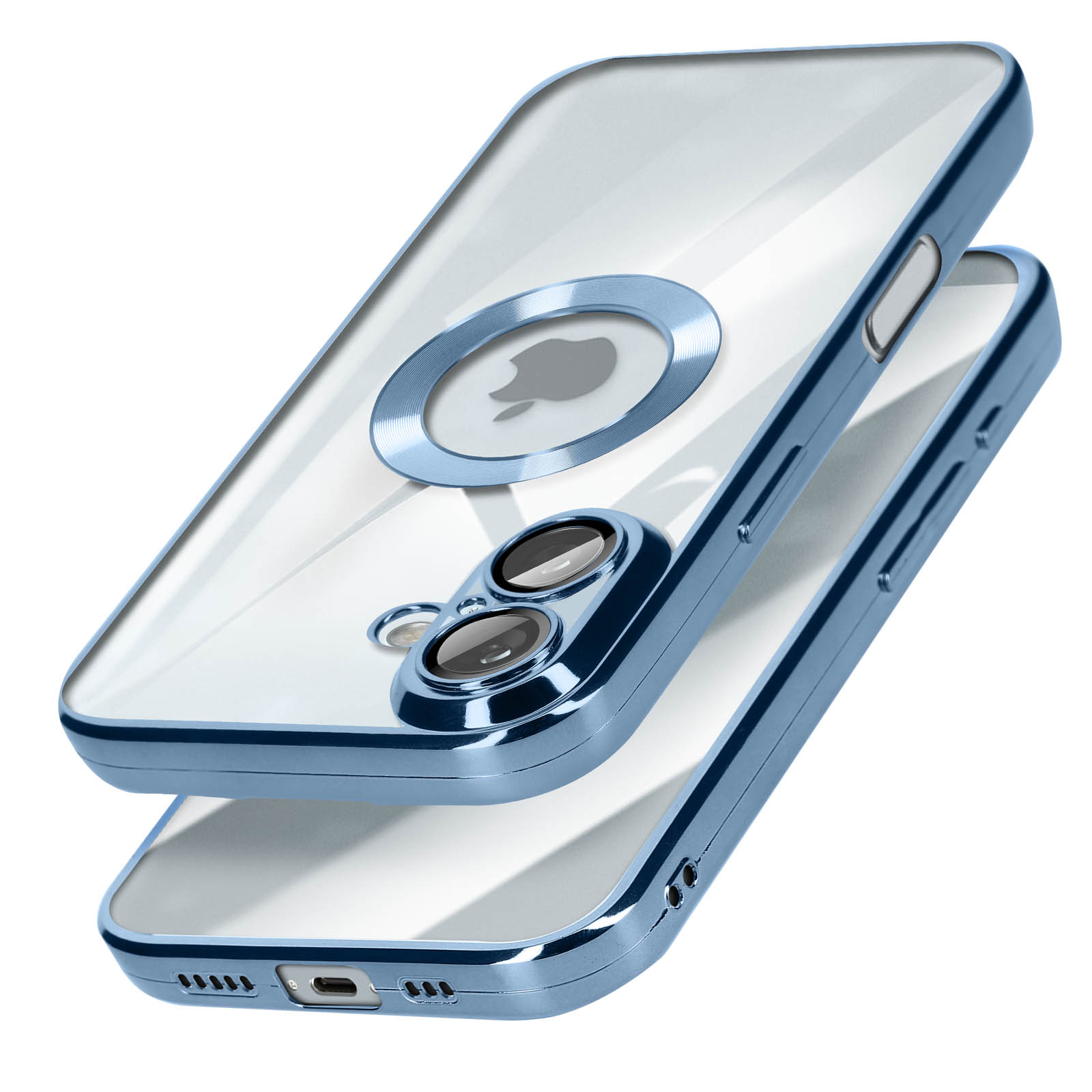 Custodia blu per telefono con anello fotocamera argento, due parti.