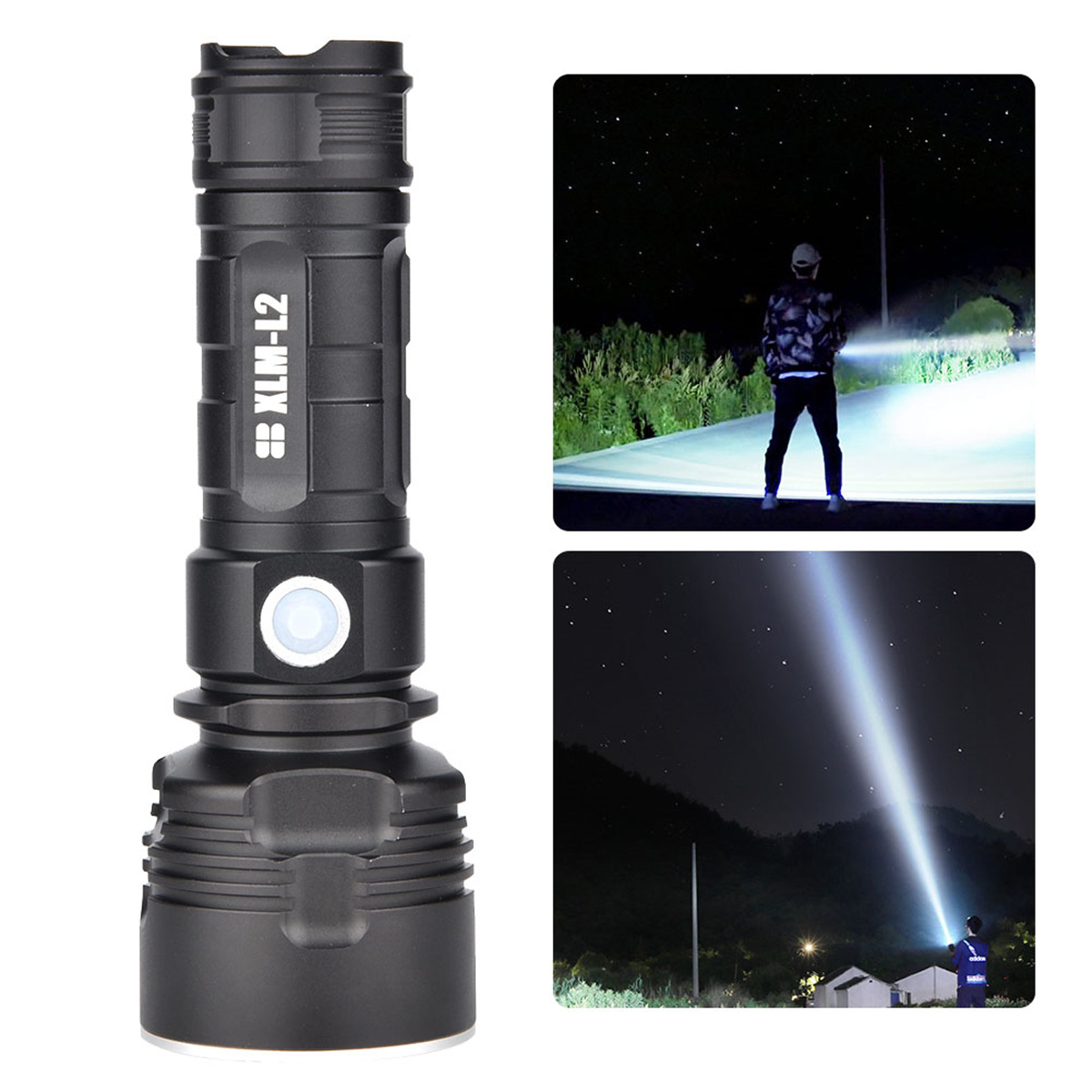Eine schwarze Taschenlampe mit weißem Licht. Zwei Personen benutzen sie im Dunkeln.