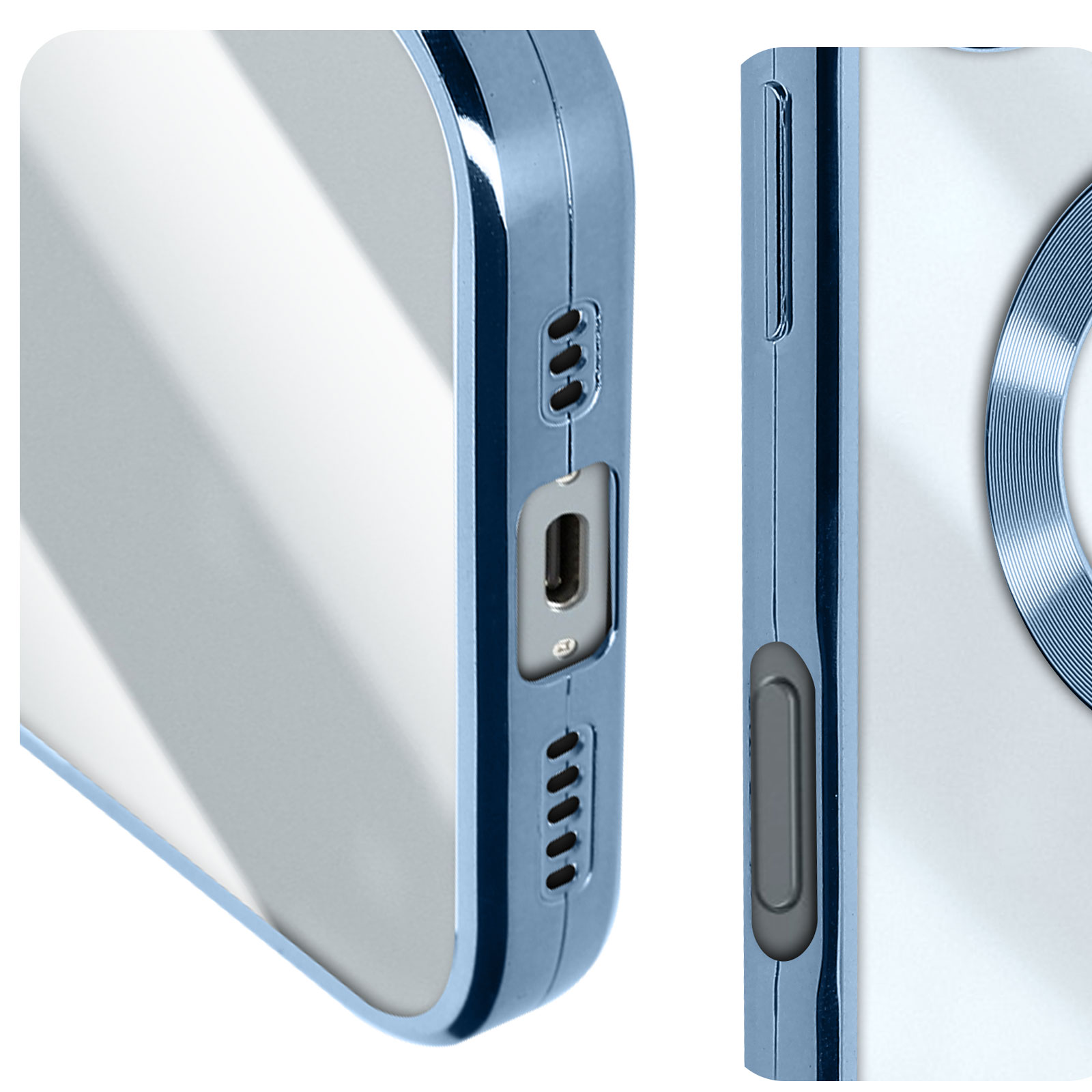 Primo piano di una custodia per telefono blu e bianca con fotocamera e porta di ricarica.
