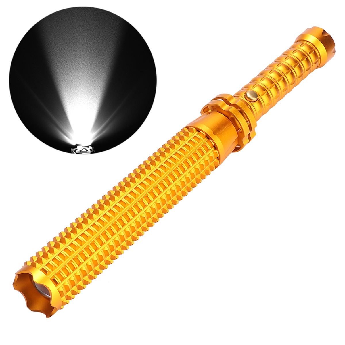 Goldene Taschenlampe mit Lichtstrahl in dunkler Umgebung. Weißer Hintergrund.