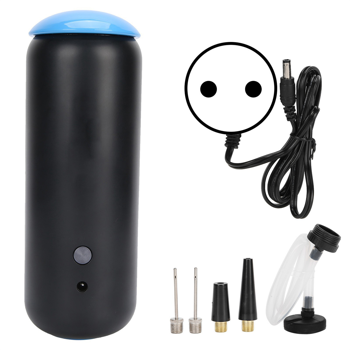 Schwarze und blaue Luftpumpe mit Zubehör, darunter Nadeln und Netzkabel.
